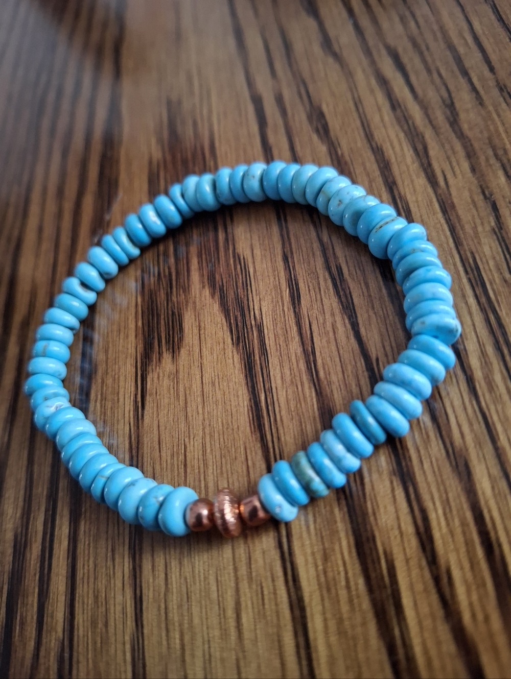 Sleeping Beauty Turquoise Rondelles With Copper Pearls Stretch Bracelet - Picture 2 of 3